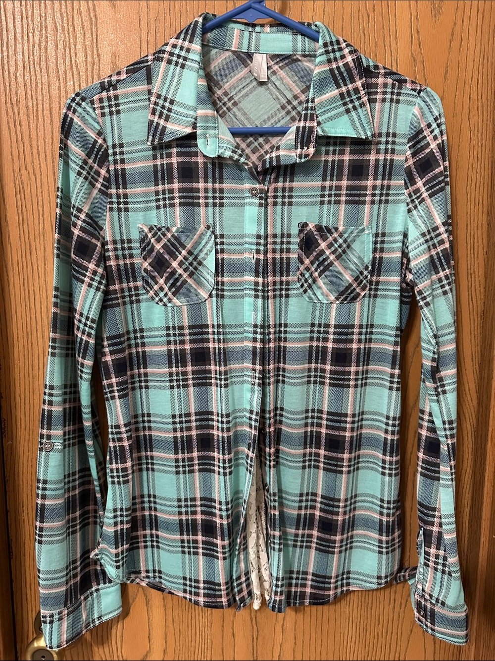Plaid Button-Up Shirt in Mint, Pink & Black